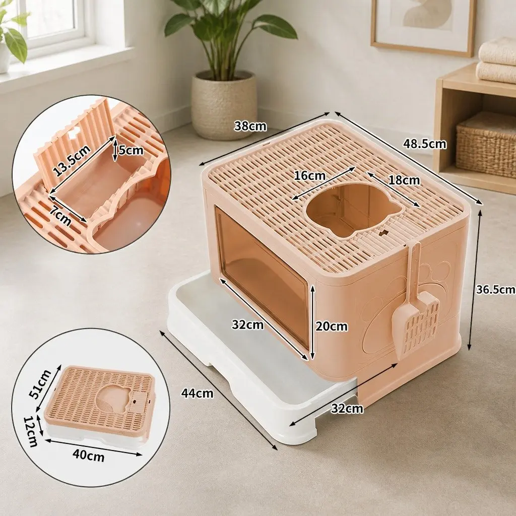Enclosed Cat Litter Box Foldable with Removable Drawer Entry Exit Doors Grey Pink Blue