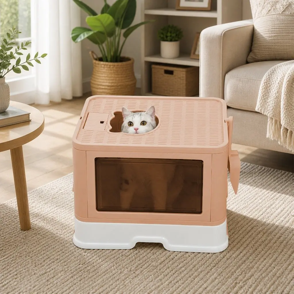 Enclosed Cat Litter Box Foldable with Removable Drawer Entry Exit Doors Grey Pink Blue