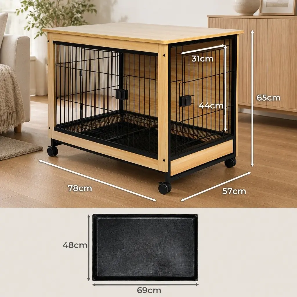 Wooden Dog Kennel Pet Crate Large End Table Two Doors Removable Tray