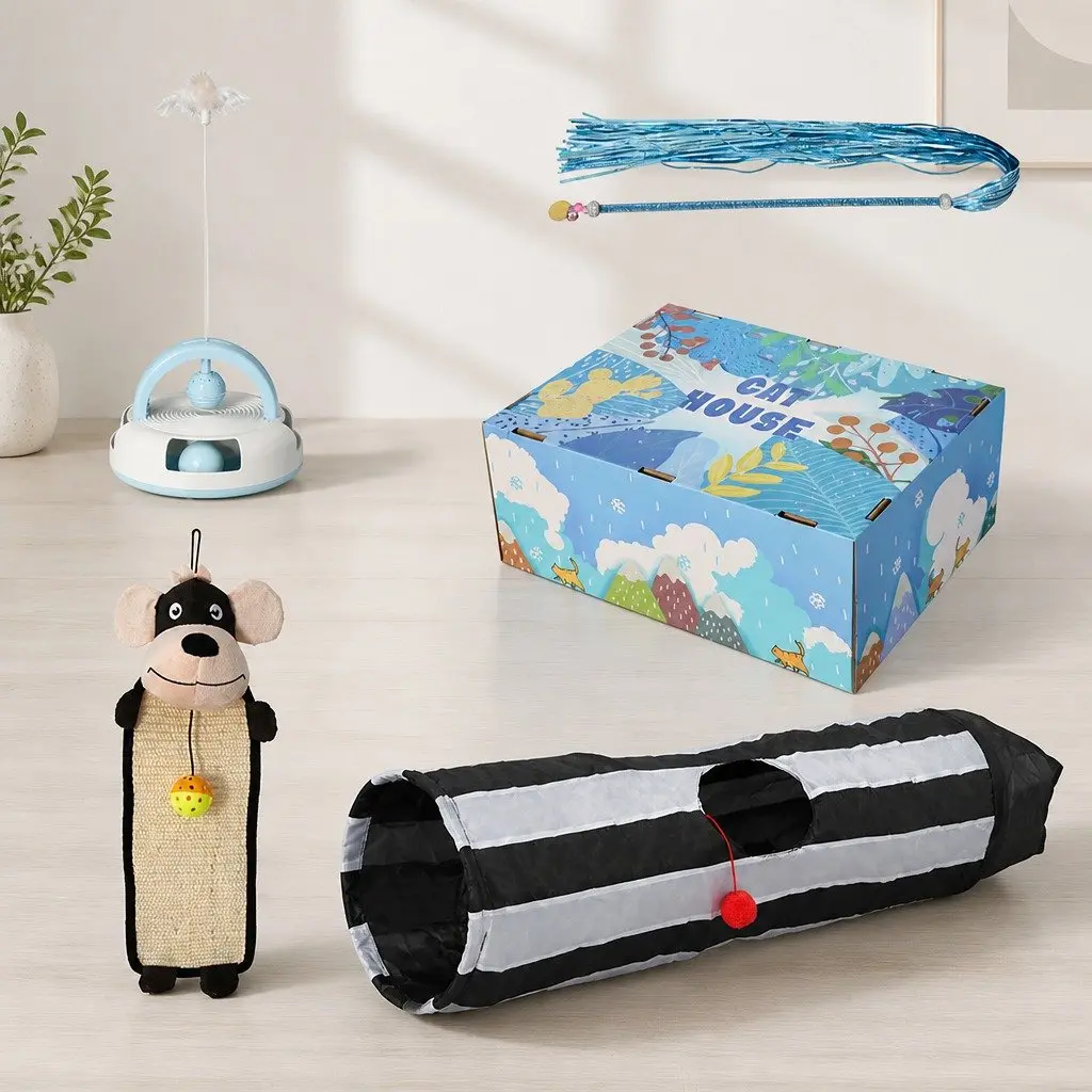 Interactive Cat Toy Set Tunnel Scratching Pad Wand Feather Play 5 Piece