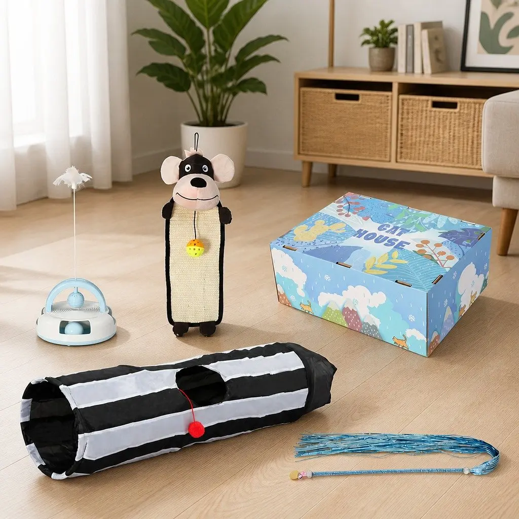 Interactive Cat Toy Set Tunnel Scratching Pad Wand Feather Play 5 Piece