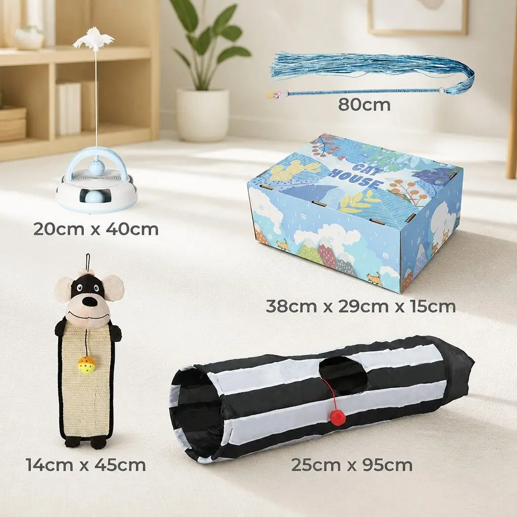 Interactive Cat Toy Set Tunnel Scratching Pad Wand Feather Play 5 Piece