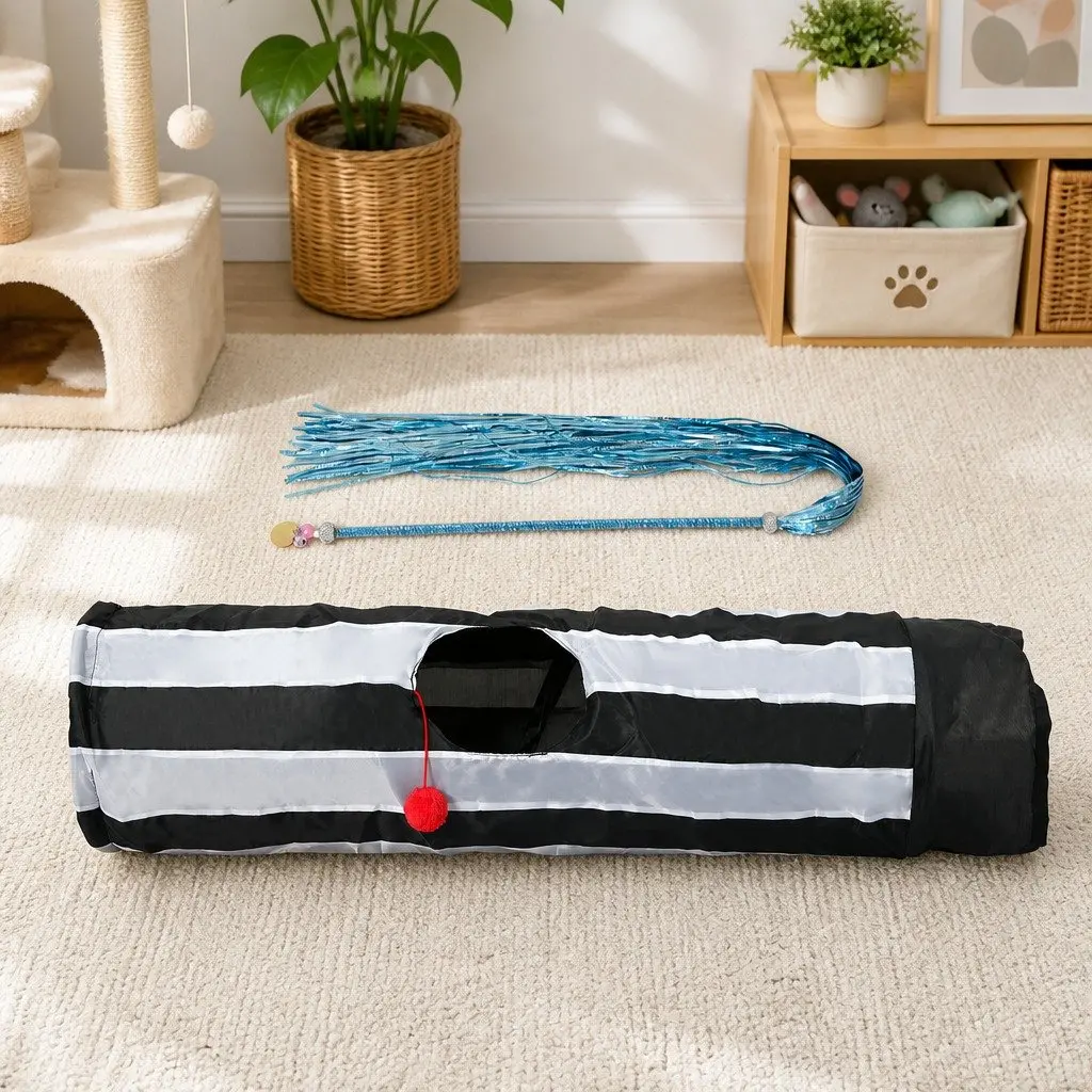 Interactive Cat Toy Set Tunnel Scratching Pad Wand Feather Play 5 Piece