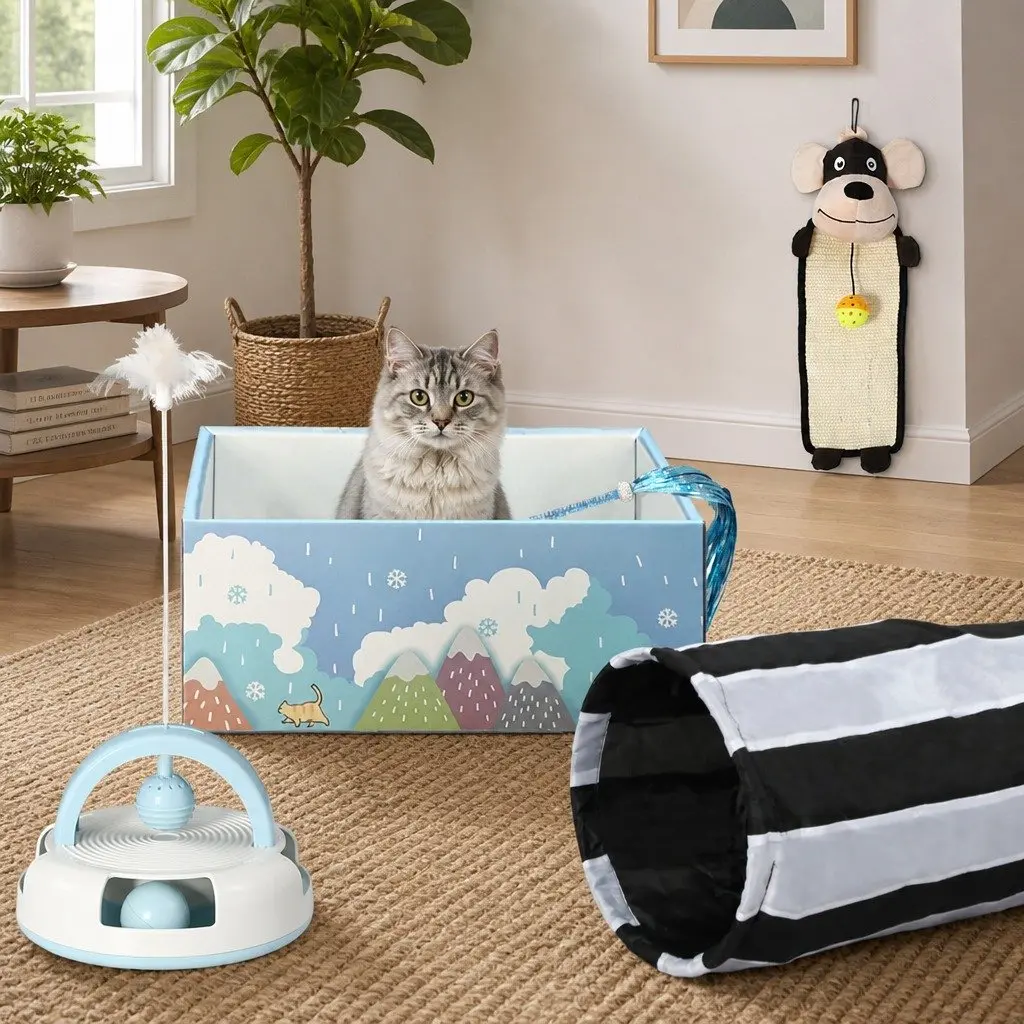 Interactive Cat Toy Set Tunnel Scratching Pad Wand Feather Play 5 Piece