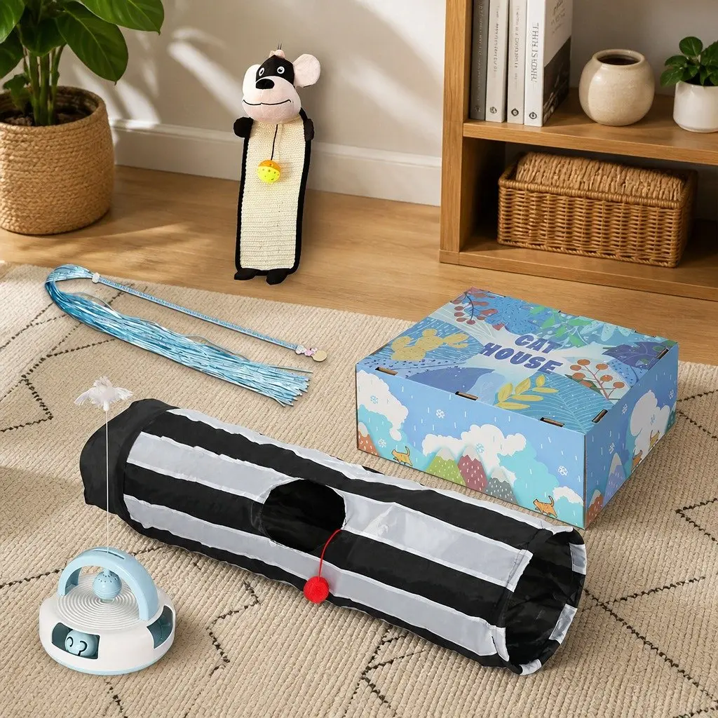 Interactive Cat Toy Set Tunnel Scratching Pad Wand Feather Play 5 Piece
