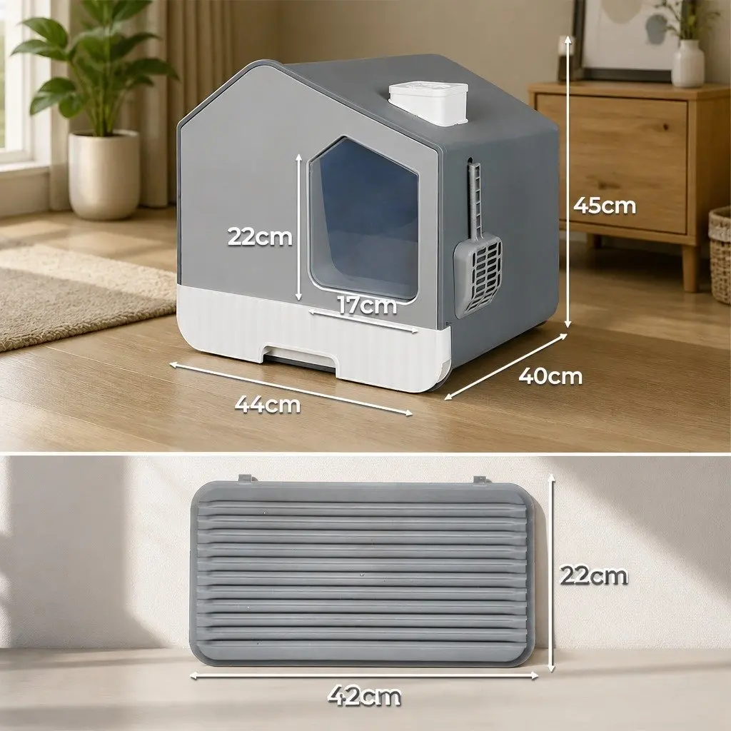 Fully Enclosed Cat Litter Box with Pull-Out Mat Grey Privacy Shelter Tray Scoop