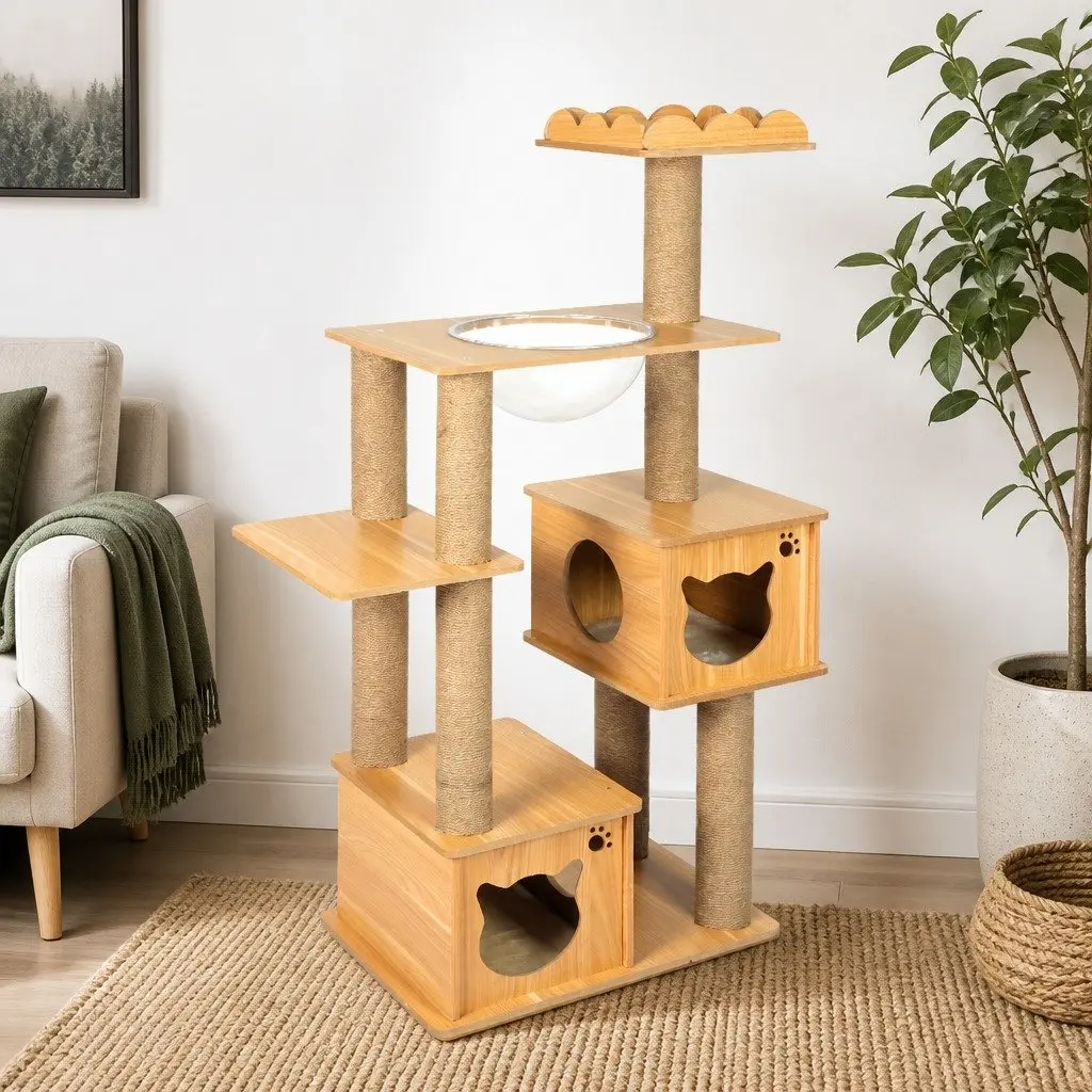 Cat Tree Scratching Post Multi-Level Tower Climbing House 60cm L x 40cm W x 138cm H Greige