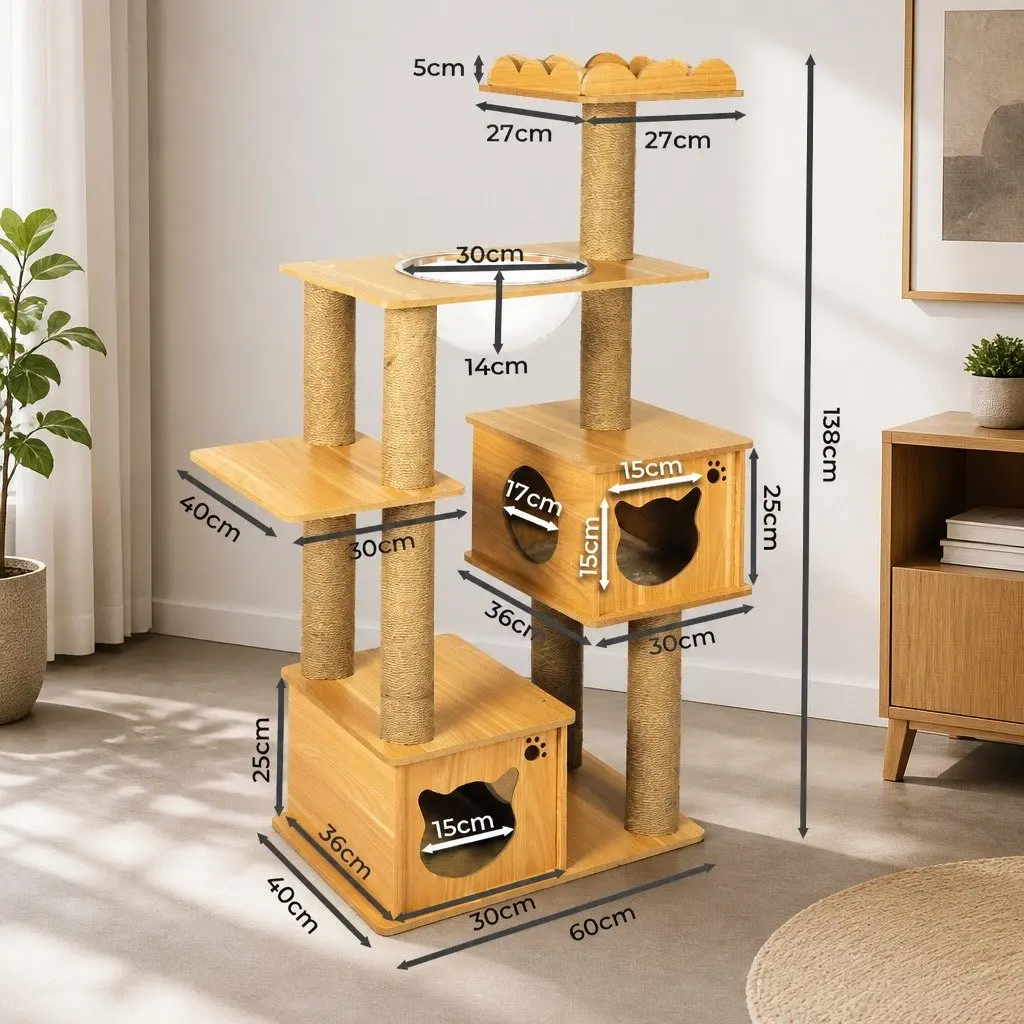 Cat Tree Scratching Post Multi-Level Tower Climbing House 60cm L x 40cm W x 138cm H Greige