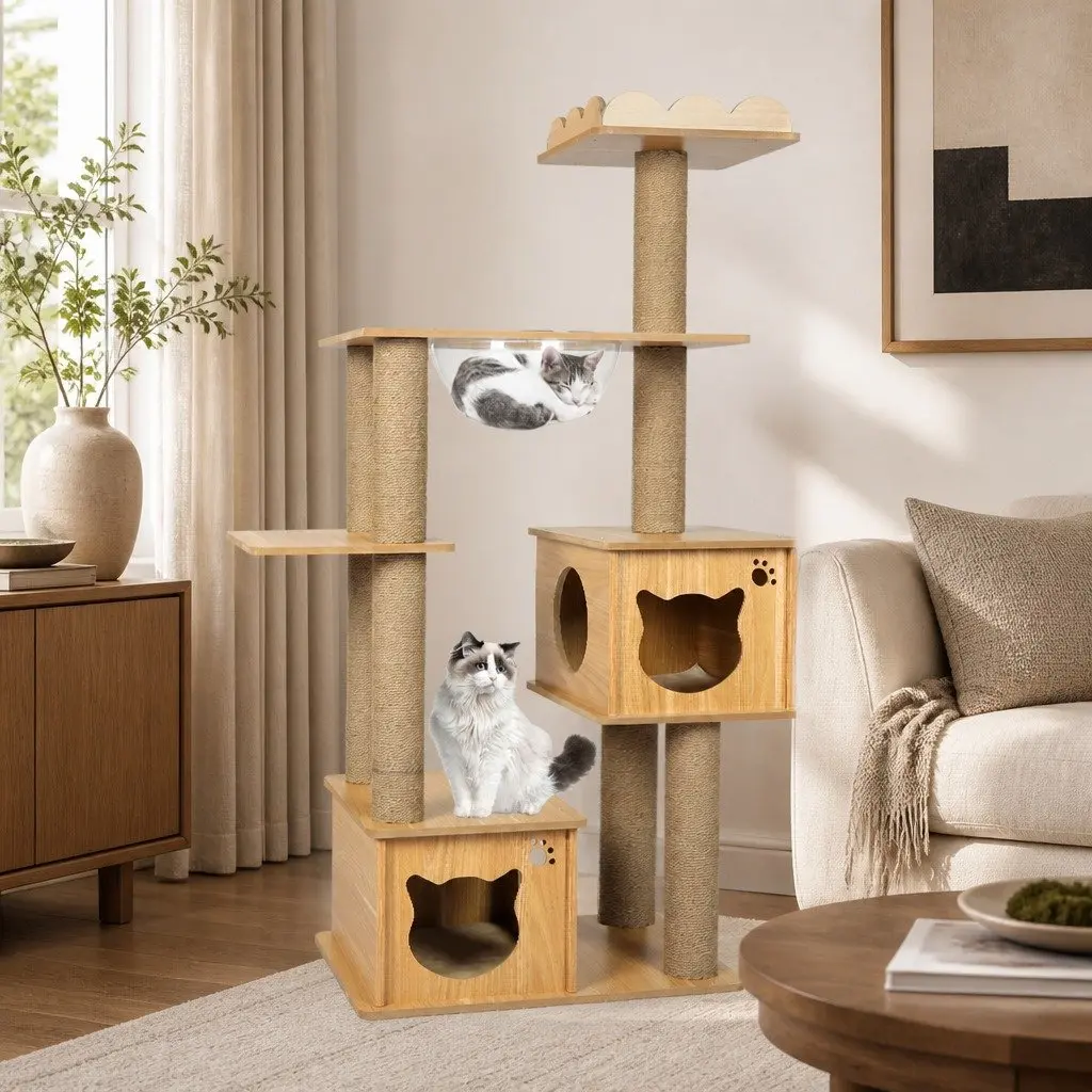 Cat Tree Scratching Post Multi-Level Tower Climbing House 60cm L x 40cm W x 138cm H Greige