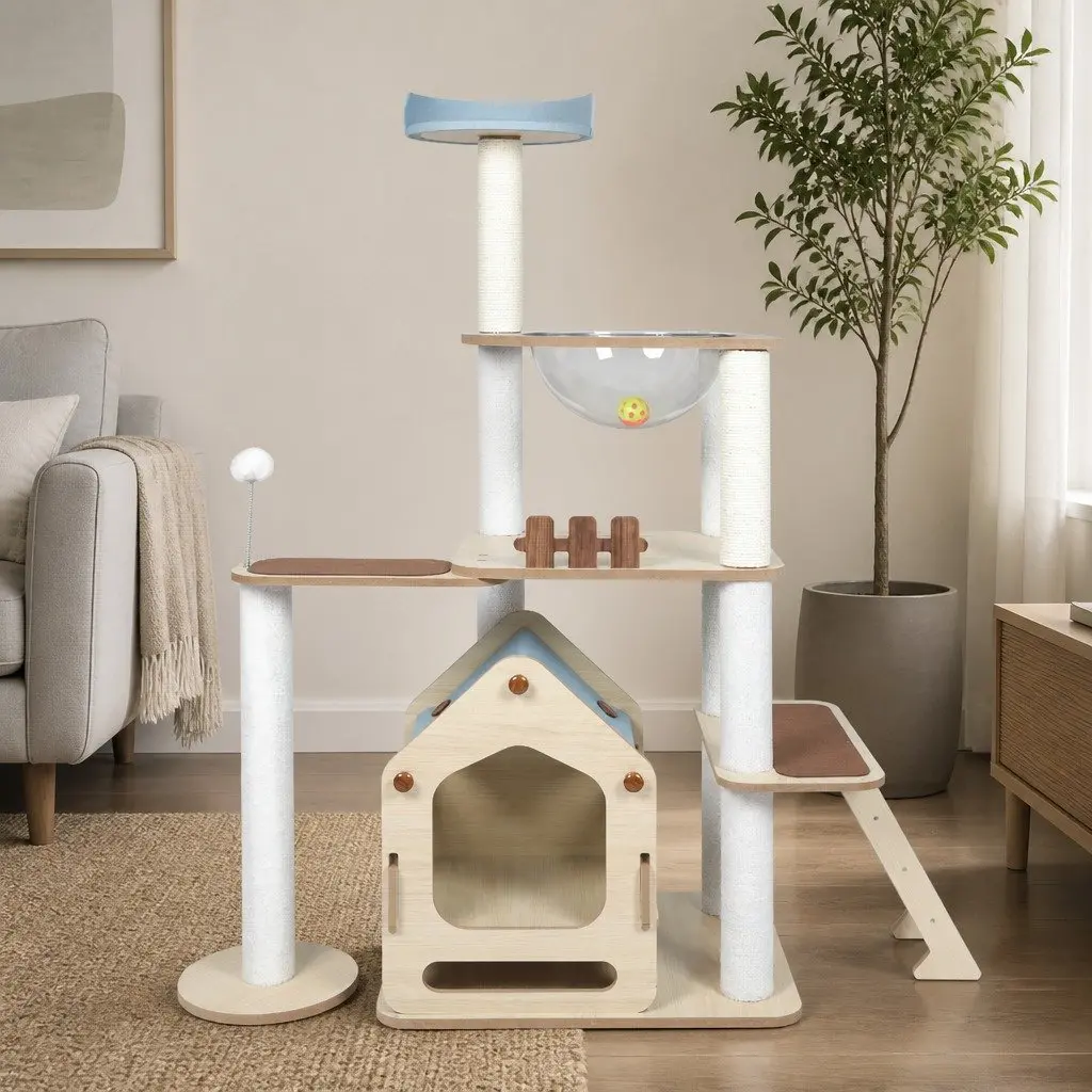 Cat Tree Scratching Post Tower Multi-Level with Platforms Sleeping Den Natural Sisal Posts 120cm L x 48cm W x 138cm H