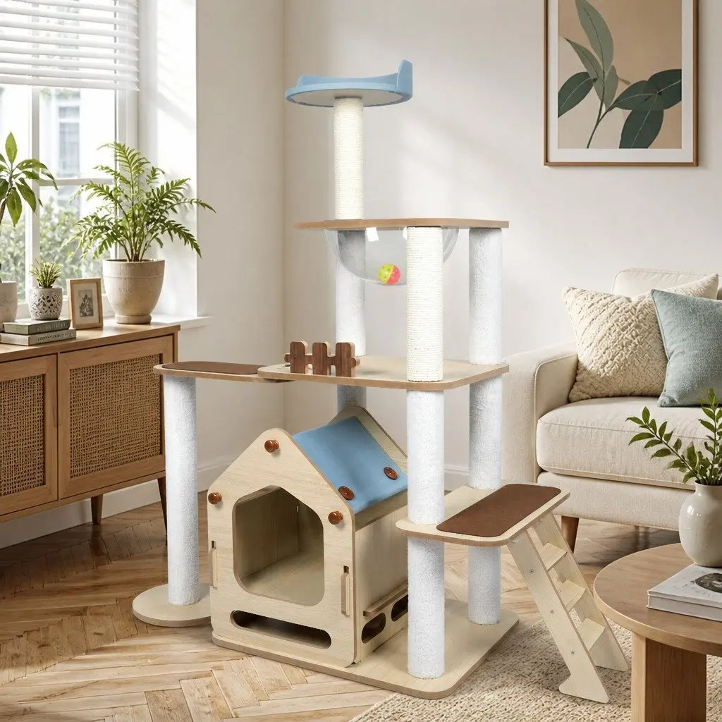 Cat Tree Scratching Post Tower Multi-Level with Platforms Sleeping Den Natural Sisal Posts 120cm L x 48cm W x 138cm H