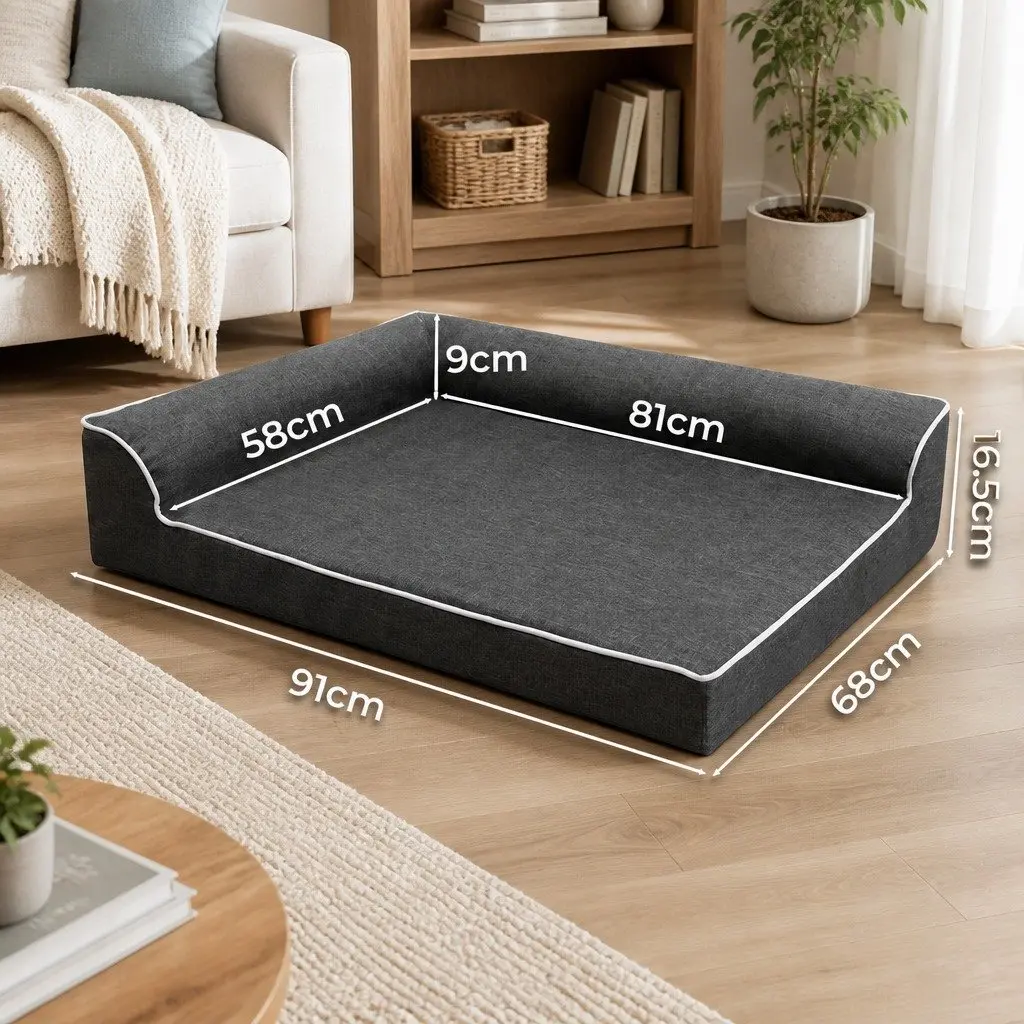 Orthopedic Dog Bed Large Grey Memory Foam Pet Sofa Bolster Lounger Support