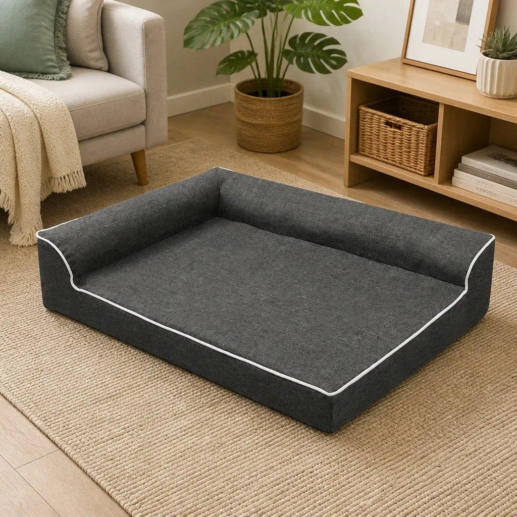 Orthopedic Dog Bed Large Grey Memory Foam Pet Sofa Bolster Lounger Support