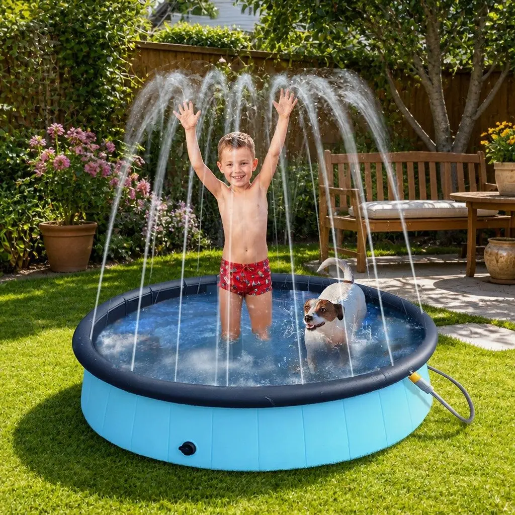 Folding Dog Swimming Pool Portable Sprinkler 120cm Blue