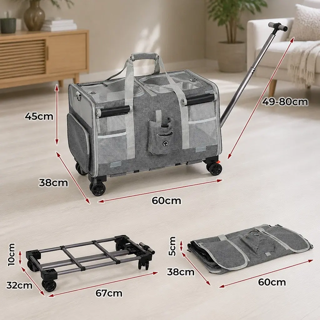 Pet Carrier Rolling Backpack Foldable Grey