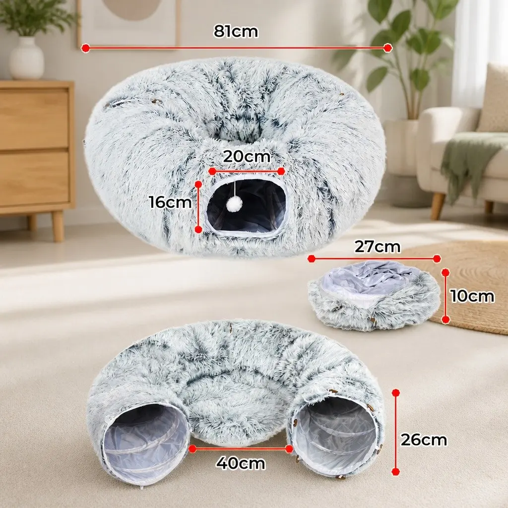 Cat Tunnel Bed Plush Play Tube Collapsible Pet House 81cm x 81cm Grey