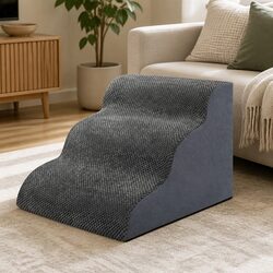 3-Step Pet Stairs Dog Ramp High Density Foam Non-Slip Portable Handle Grey