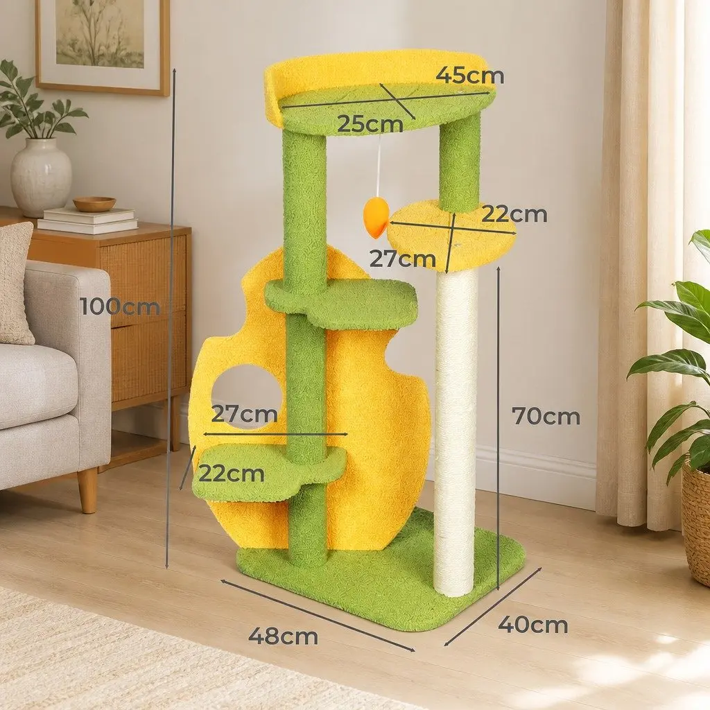 Cat Tree Multi-Level Scratching Climbing Tower Playhouse 48cm L x 40cm W x 100cm H Green