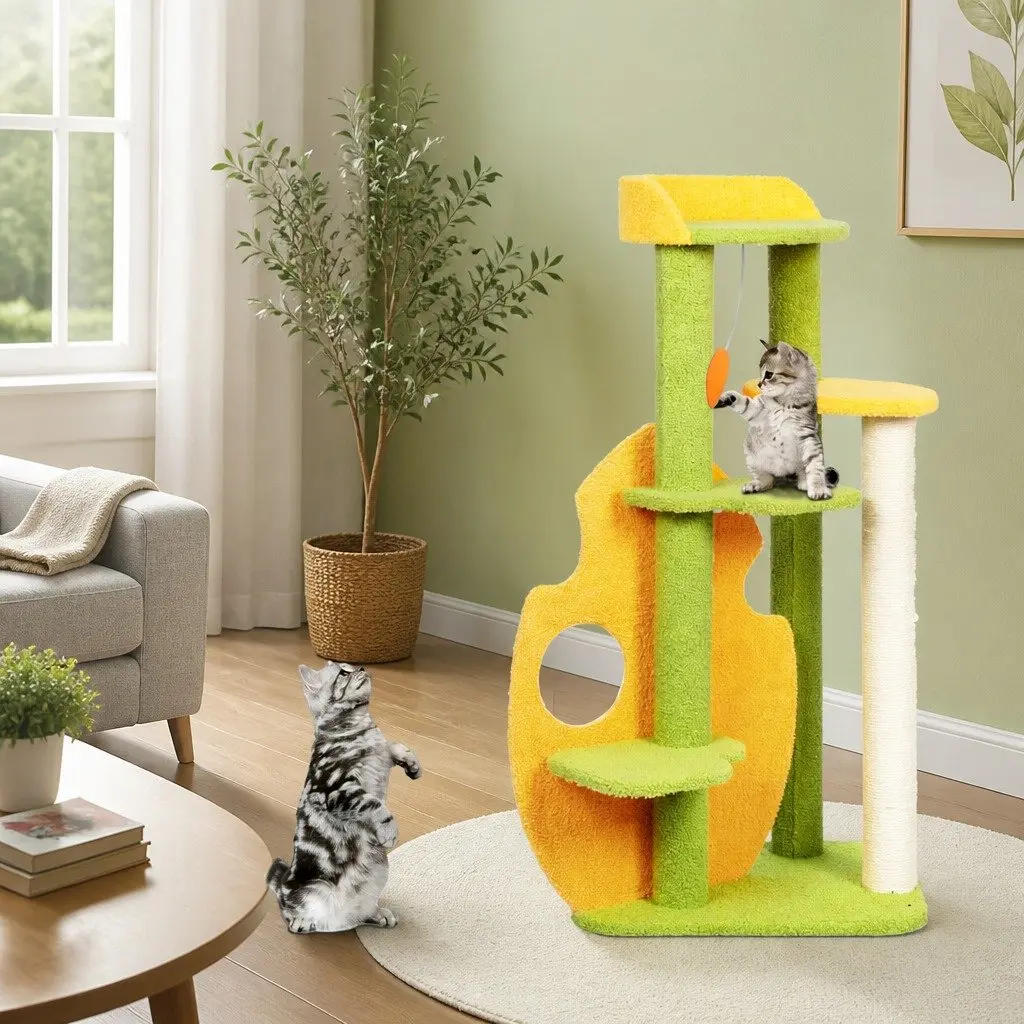 Cat Tree Multi-Level Scratching Climbing Tower Playhouse 48cm L x 40cm W x 100cm H Green