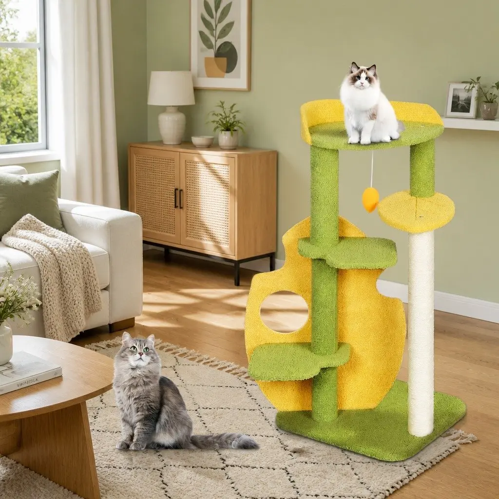 Cat Tree Multi-Level Scratching Climbing Tower Playhouse 48cm L x 40cm W x 100cm H Green