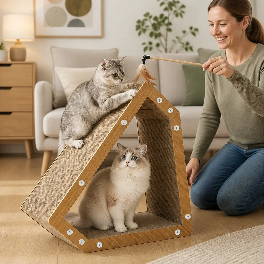 Cat Scratcher Board House-Style Cardboard Lounger with Hideaway Tunnel Play Bed