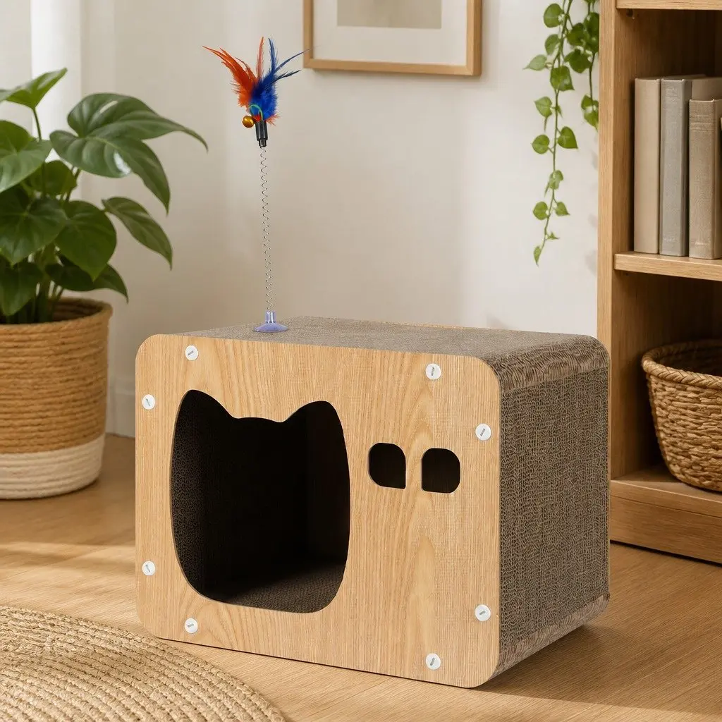 Cat Scratching Board Interactive Spring Toy Multi-Angle 30cm L x 39cm W x 30cm H Brown
