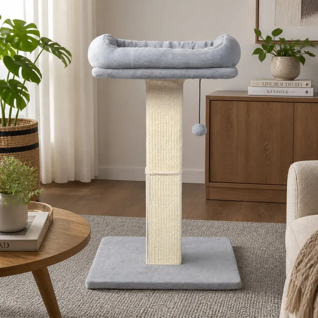 Cat Scratching Post Large Perch Bed 62cm Light Grey Sisal Rope Furniture Protection Play Rest