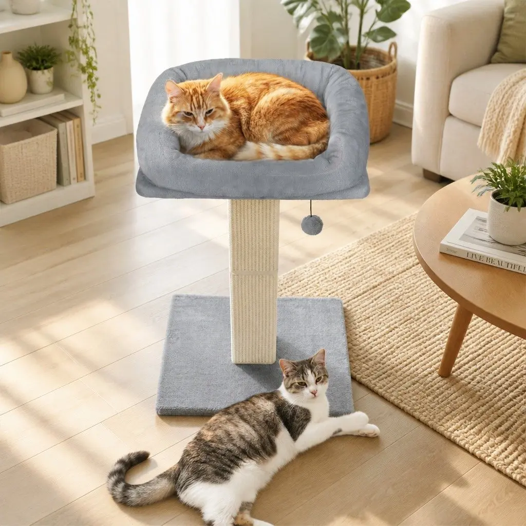 Cat Scratching Post Large Perch Bed 62cm Light Grey Sisal Rope Furniture Protection Play Rest