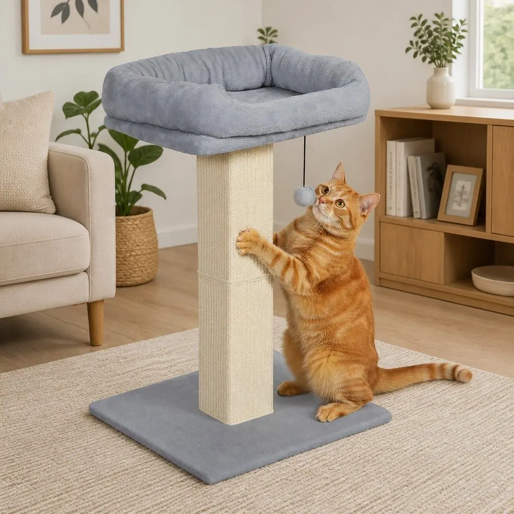 Cat Scratching Post Large Perch Bed 62cm Light Grey Sisal Rope Furniture Protection Play Rest