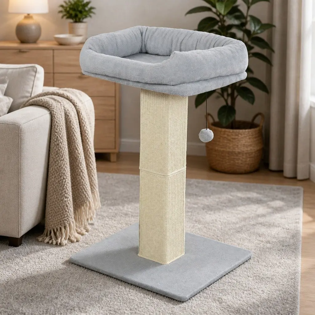 Cat Scratching Post Large Perch Bed 62cm Light Grey Sisal Rope Furniture Protection Play Rest