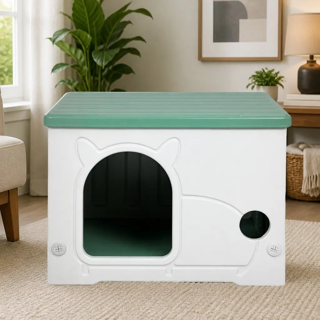 Pet House Dog Kennel Semi-Enclosed Indoor Outdoor Plastic Bed 54 x 41 x 38 cm Green White
