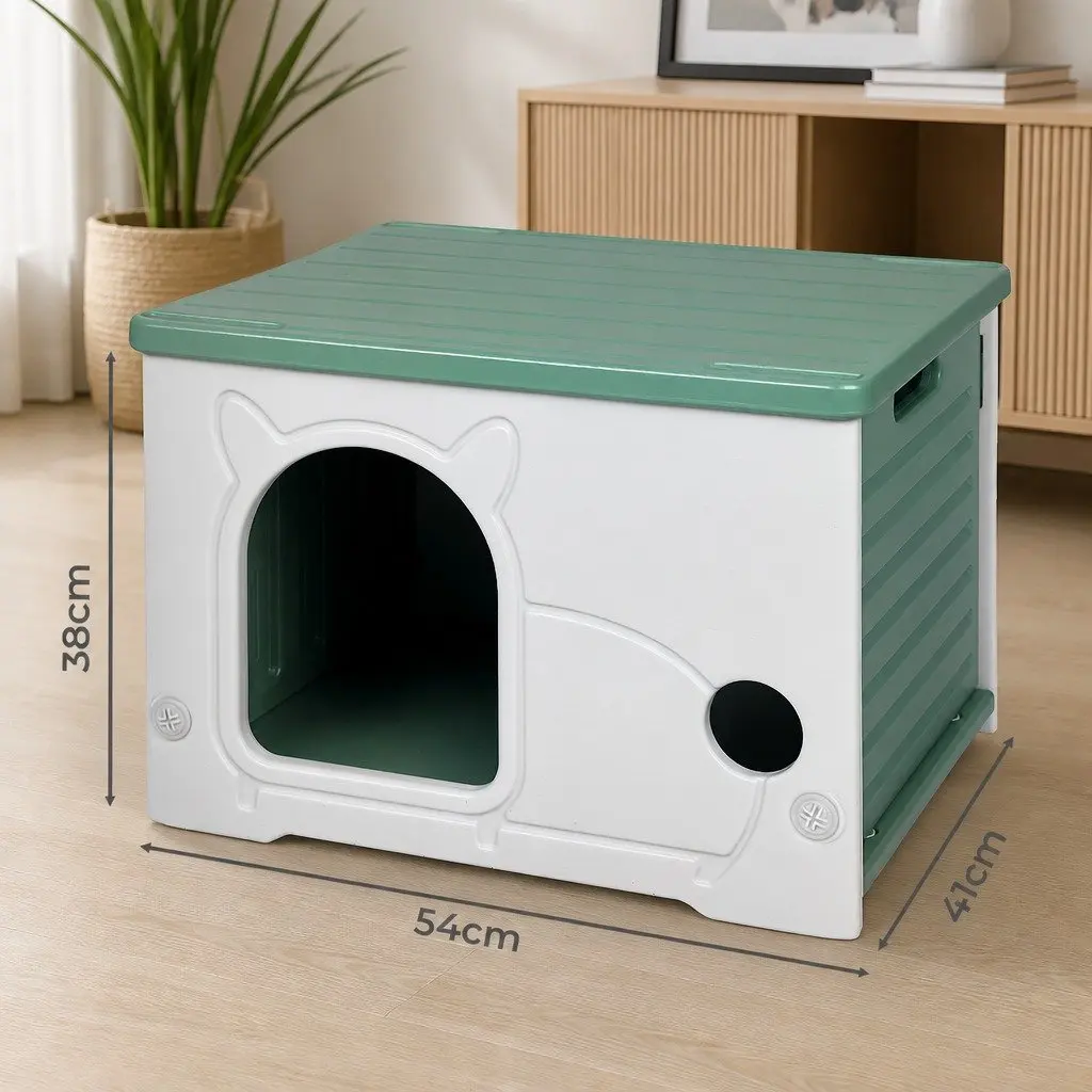 Pet House Dog Kennel Semi-Enclosed Indoor Outdoor Plastic Bed 54 x 41 x 38 cm Green White