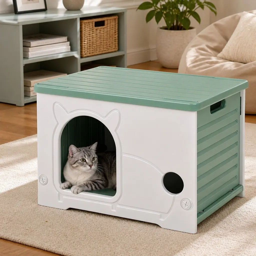 Pet House Dog Kennel Semi-Enclosed Indoor Outdoor Plastic Bed 54 x 41 x 38 cm Green White