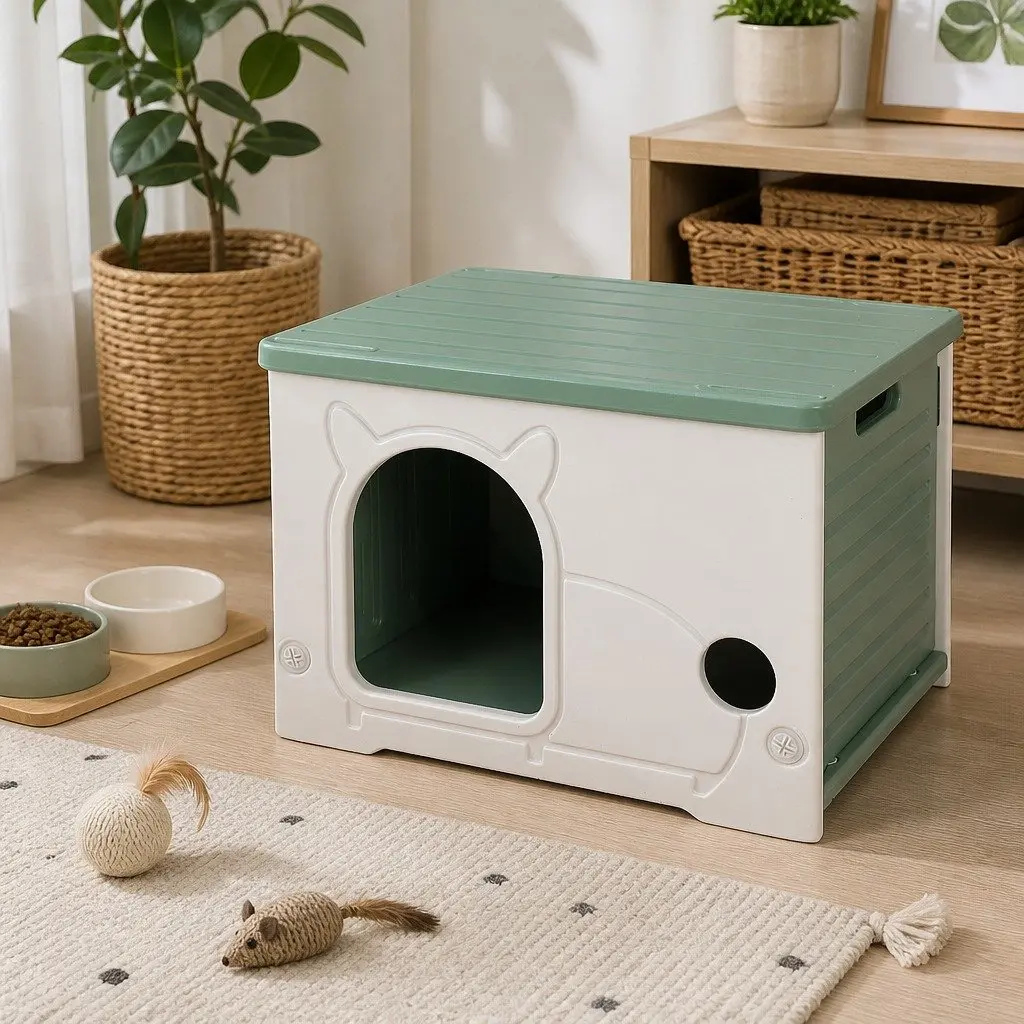 Pet House Dog Kennel Semi-Enclosed Indoor Outdoor Plastic Bed 54 x 41 x 38 cm Green White