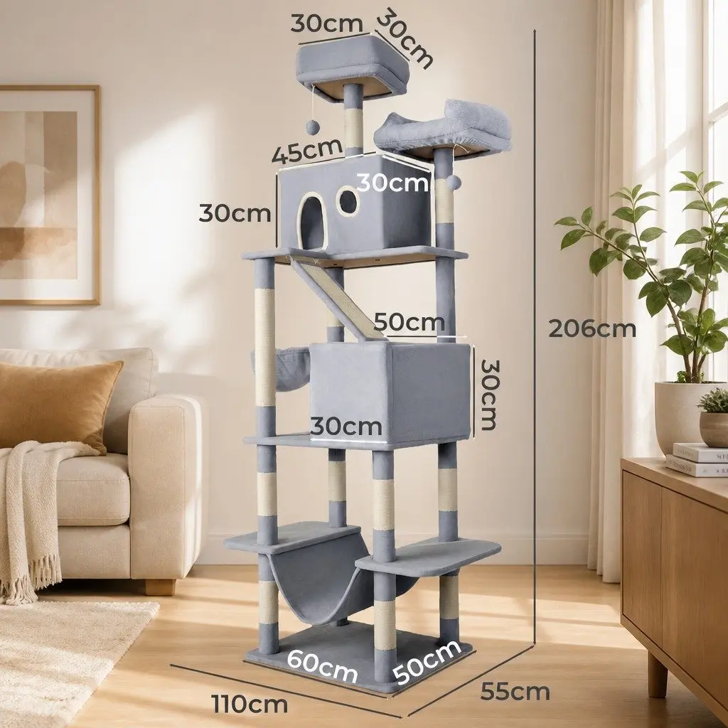 Cat Tree Scratching Post Multi-Level Climbing Tower 206cm Silver Grey
