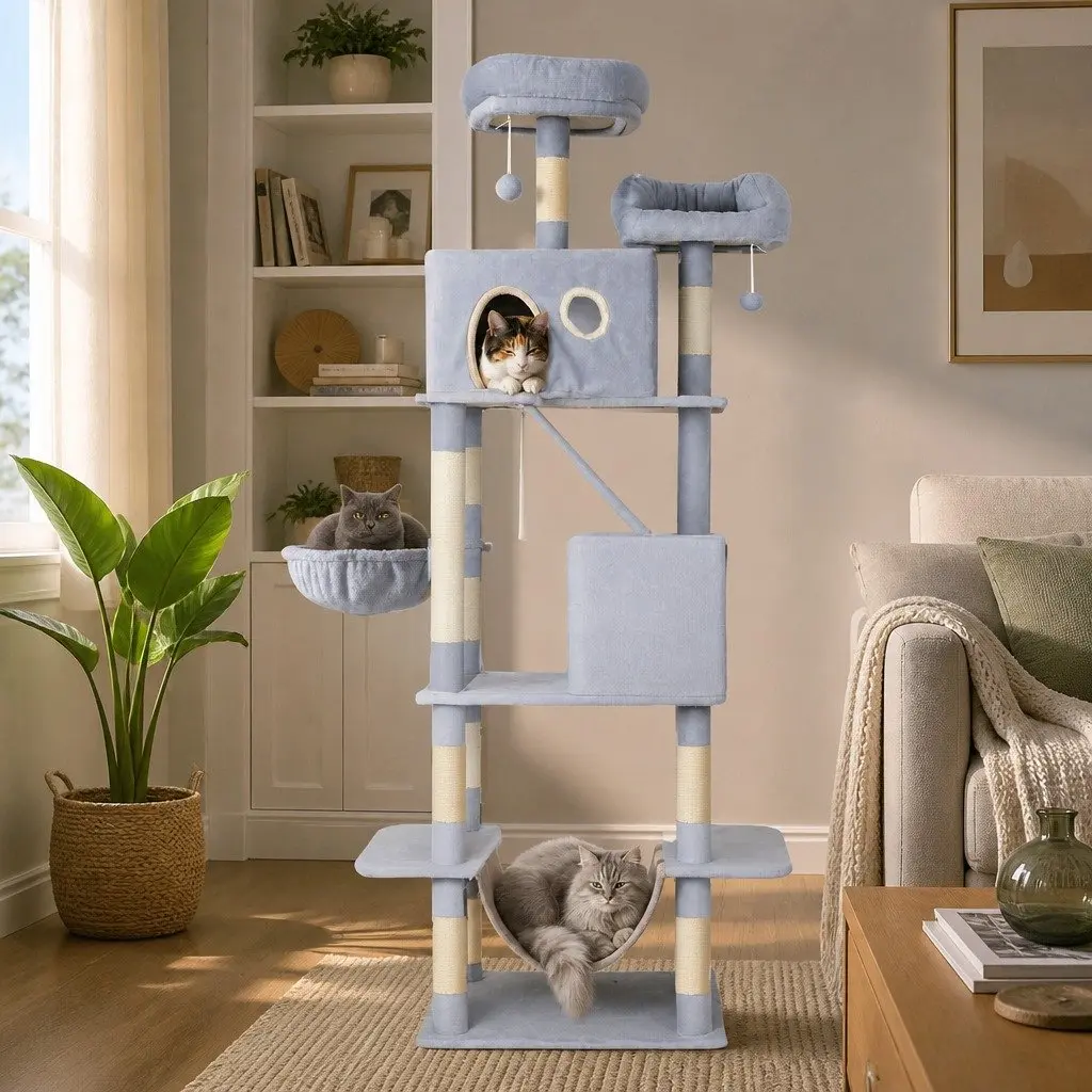 Cat Tree Scratching Post Multi-Level Climbing Tower 206cm Silver Grey