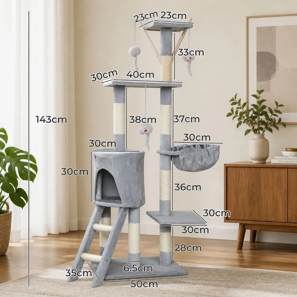 Cat Tree Scratching Post Multi-Level Climbing Tower 143cm Dark Grey