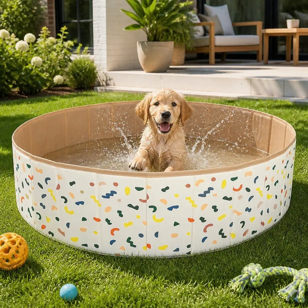 Foldable Pet Swimming Pool 120cm Dog Bath Portable Indoor Outdoor Water Play Beige
