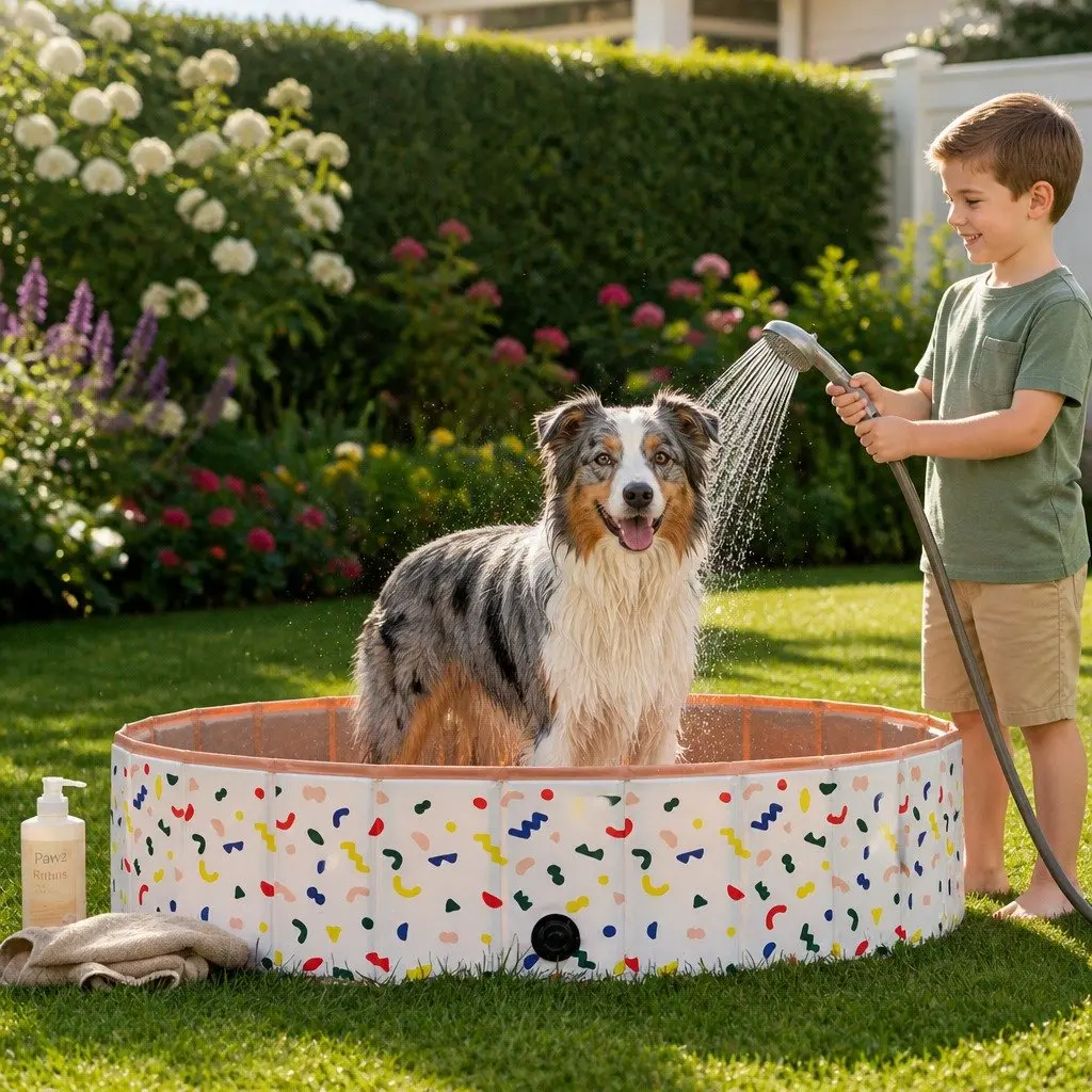 Foldable Pet Swimming Pool 120cm Dog Bath Portable Indoor Outdoor Water Play Beige