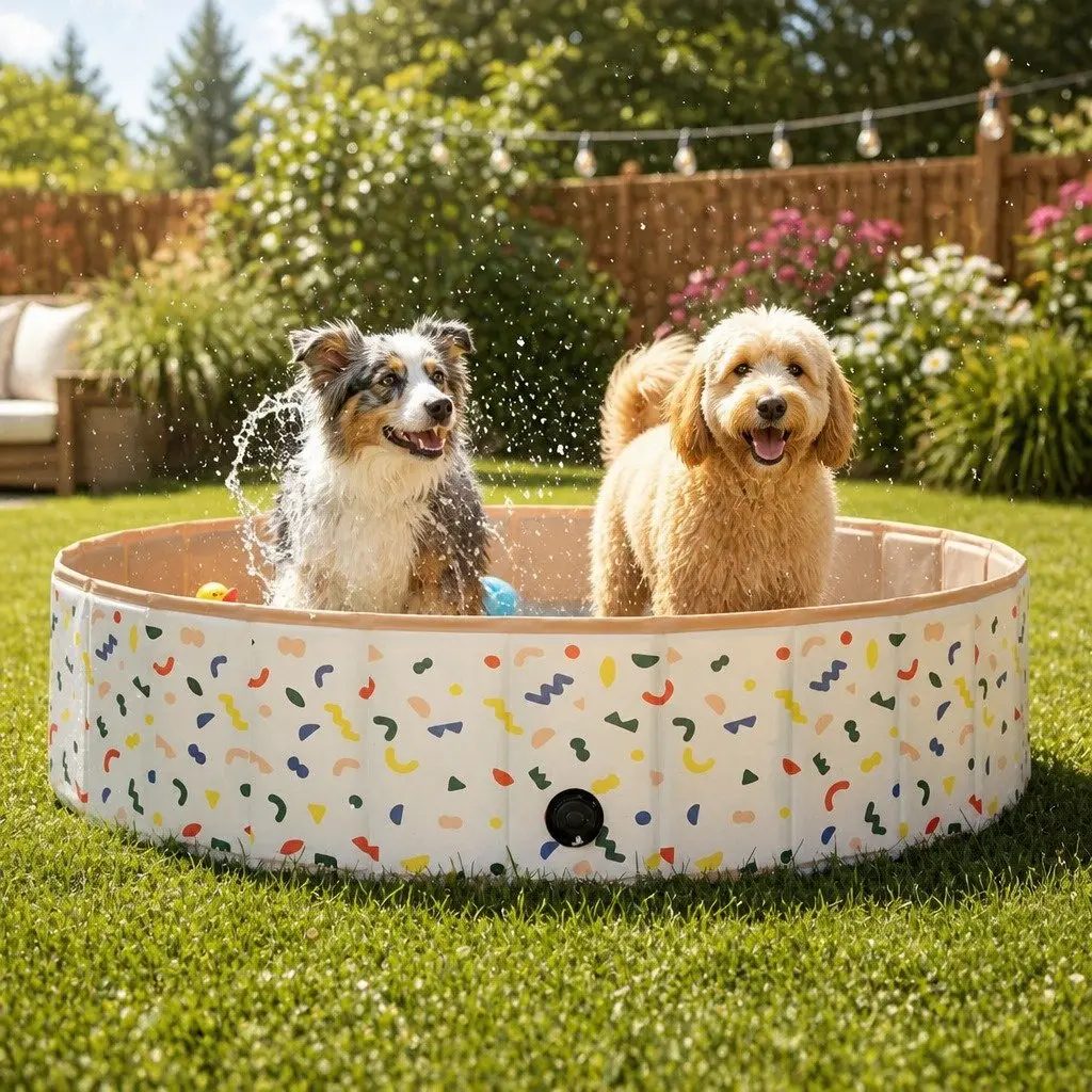 Foldable Pet Swimming Pool 120cm Dog Bath Portable Indoor Outdoor Water Play Beige