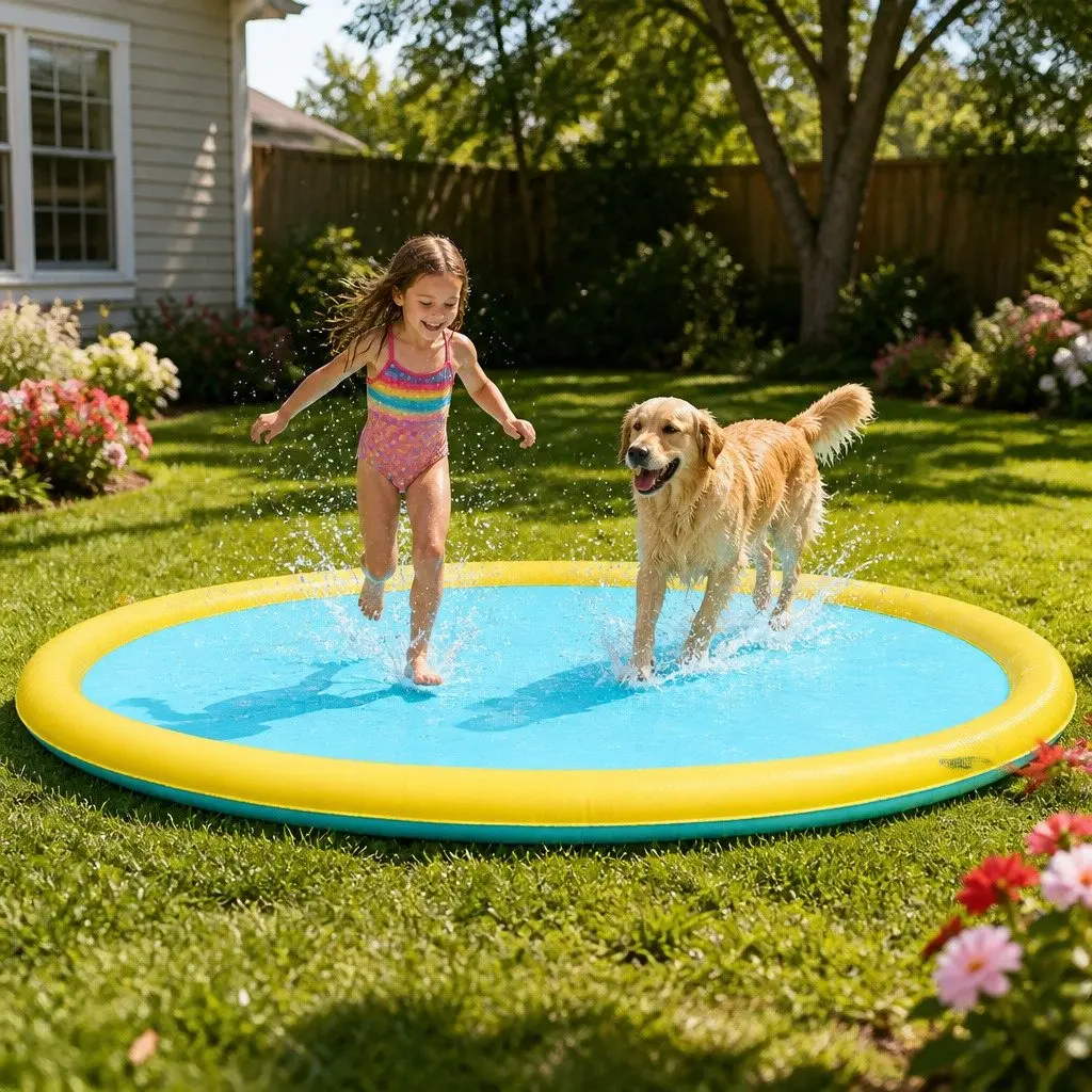 Splash Pad Water Play Mat 240cm Outdoor Summer Fun Blue Yellow