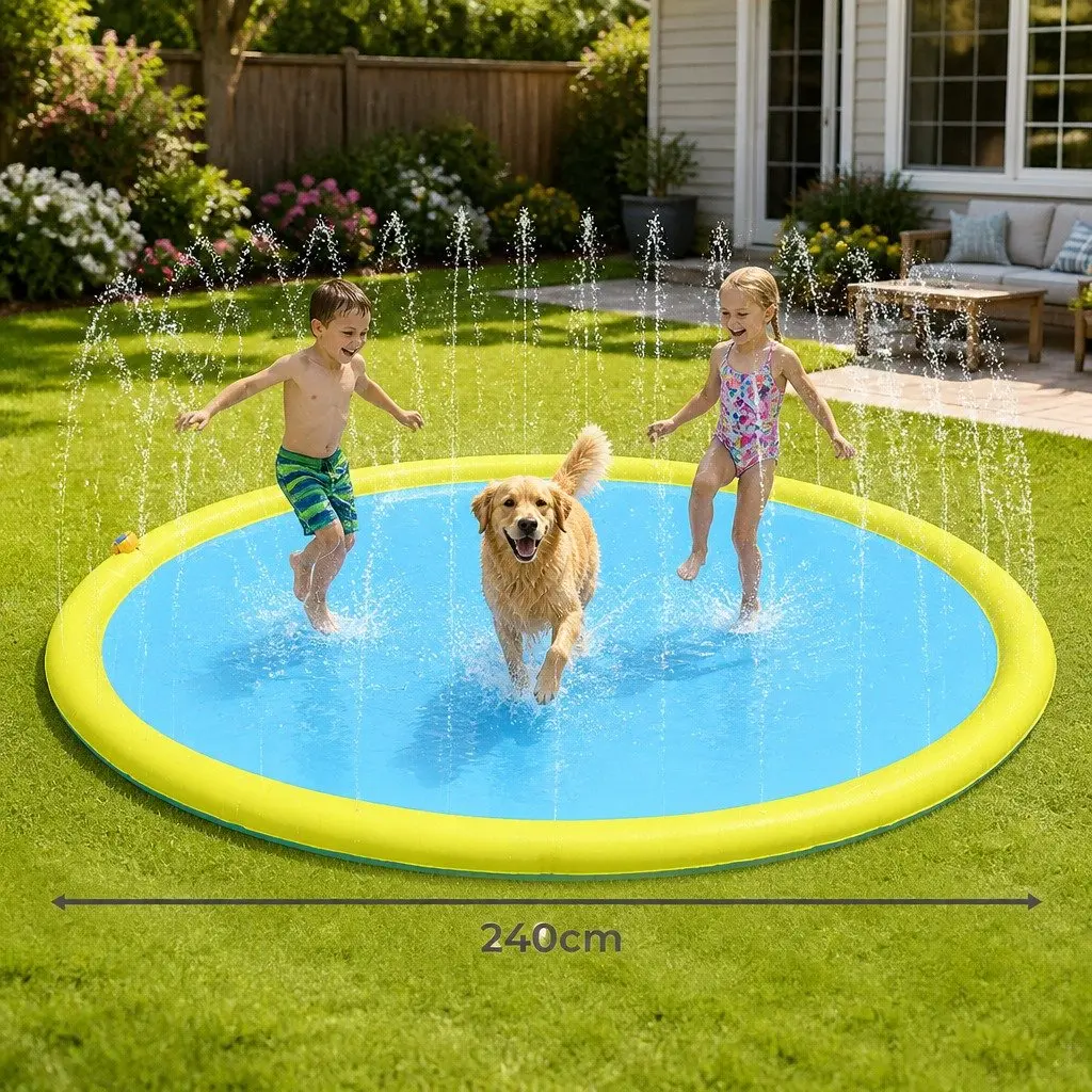 Splash Pad Water Play Mat 240cm Outdoor Summer Fun Blue Yellow
