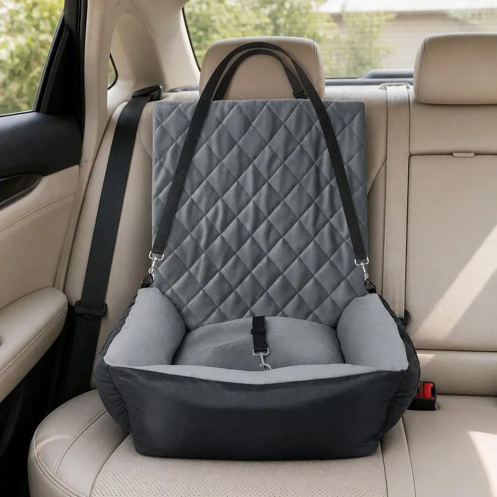 Pet Car Seat Dog Booster Seat Travel Safety Carrier Grey Plush Interior Washable
