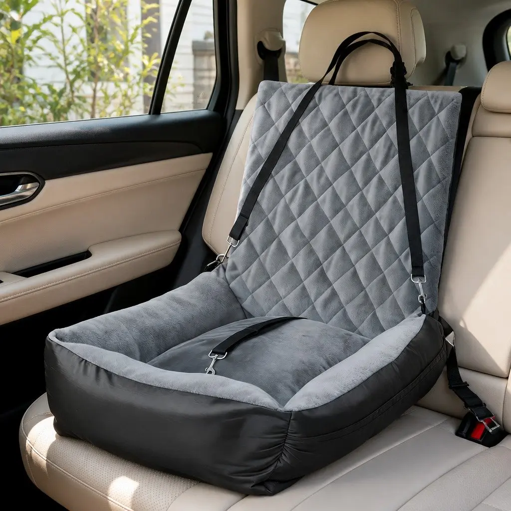 Pet Car Seat Dog Booster Seat Travel Safety Carrier Grey Plush Interior Washable