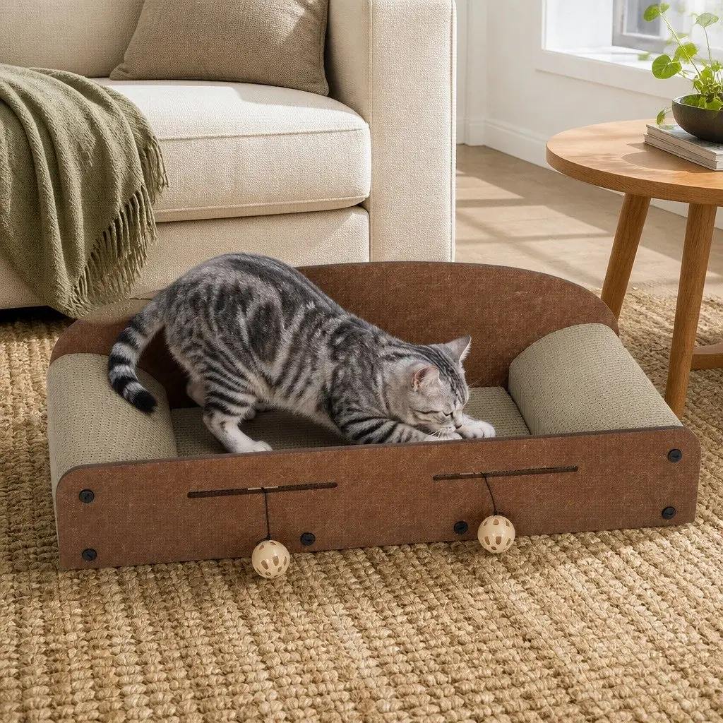 Cat Scratching Board Corrugated Cardboard Lounge with Interactive Ball Toys