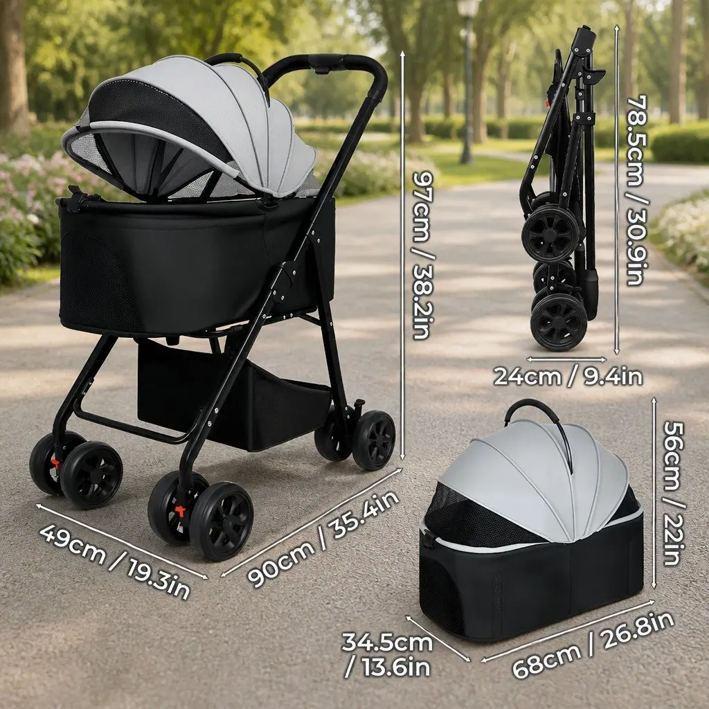 Pet Stroller 3 in 1 Foldable Dog Cat Pram Carrier Travel Pushchair Convertible