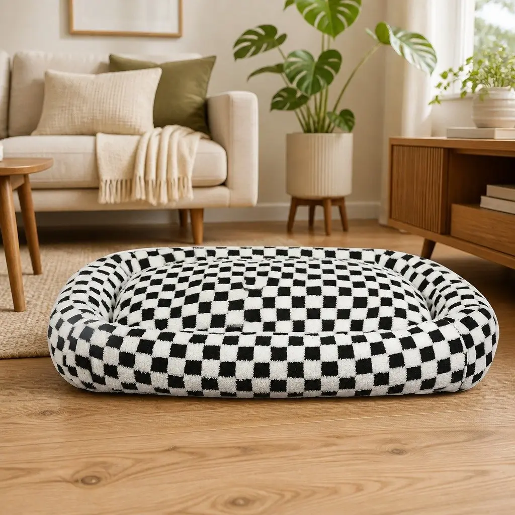 Dog Bed Calming Plush Checkered 90cm x 60cm Black and White