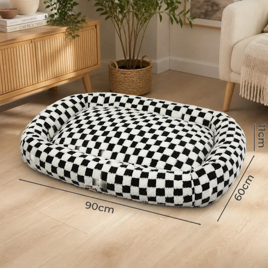 Dog Bed Calming Plush Checkered 90cm x 60cm Black and White