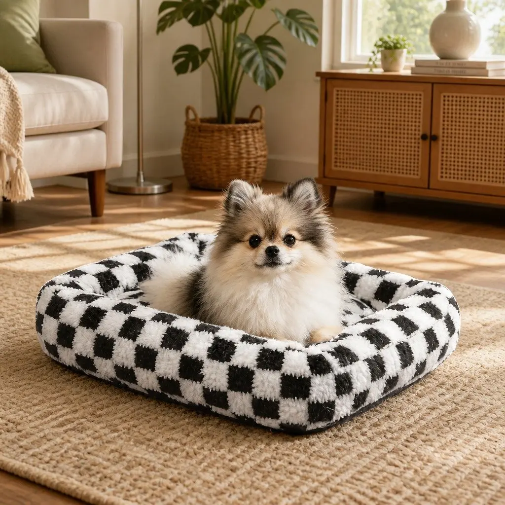 Dog Bed Calming Plush Checkered 90cm x 60cm Black and White