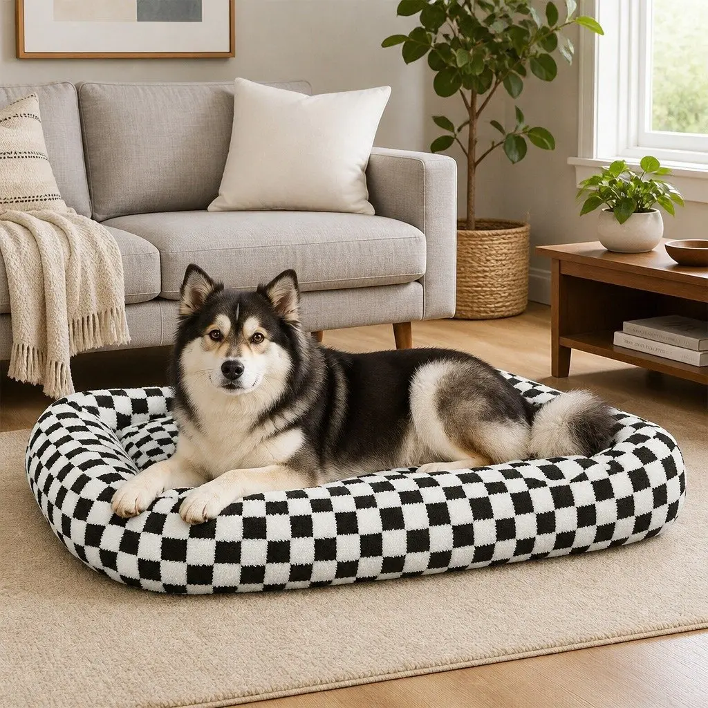 Dog Bed Calming Plush Checkered 90cm x 60cm Black and White
